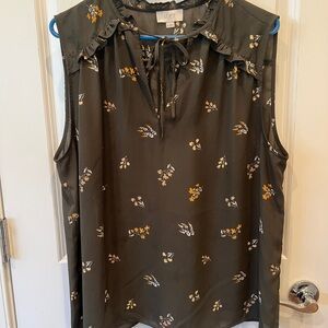 LOFT Women's Sleeveless Blouse - Dark Green with Floral Accents